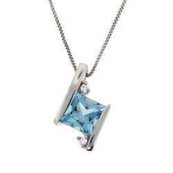 Princess Cut Blue Topaz and Diamond White Gold Pendant Necklaceprincess 