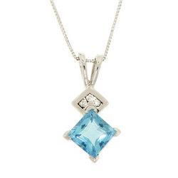 Princess Cut Blue Topaz and Diamond White Gold Pendant Necklace-Ten Karat Precious Metalprincess 