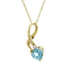 Blue Topaz Heart & Diamond Gold Pendant Necklaceblue 