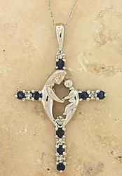 Sapphire Diamond Mom Child Cross Pendant Necklacesapphire 