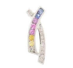 Multi-color Sapphire Diamond 14K White Gold Ribbon Pendantmulti 