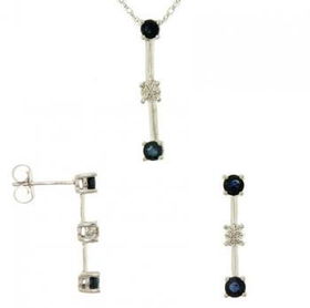 White Gold 3 Stone Pendant Earring Set Sapphire Diamond