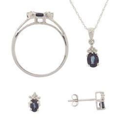 Sapphire Diamond Ring Pendant Earring White Gold Set
