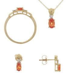 Orange created Sapphire Diamond Ring Earring Pendant Gold Set