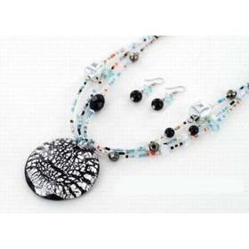 3 Line Glass Pendant W/Blue Bead Necklace Set Case Pack 3line 