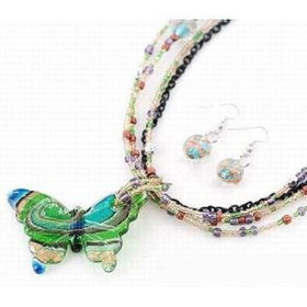 18" Murano Butterfly With Green Bead Necklace Set Case Pack 3murano 