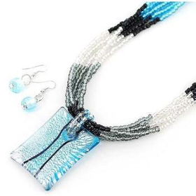 18" Murano Square w/Blue Tone Bead Necklace Set Case Pack 3