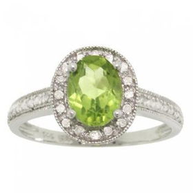 14KT White Gold Peridot Diamond Ring Milgrain Accentswhite 