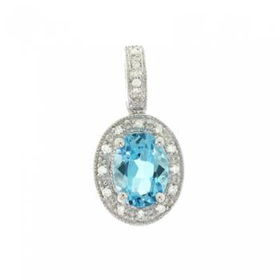 Oval White Gold Pendant Blue Topaz & Diamond Ant Finishoval 