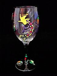 Chilies & Kokopelli Design - Hand Painted - Wine Glass - 8 oz..