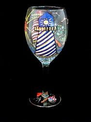 Lively Lighthouses Design - Hand Painted - Wine Glass - 8 oz.