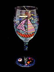 Sailboat Regatta Design - Hand Painted - Wine Glass - 8 oz..