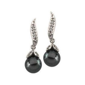 14K White Gold Cultured Black Pearl & Diamond Earringswhite 