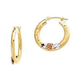 14K Three Tone Gold Flower Hoop Earringstone 
