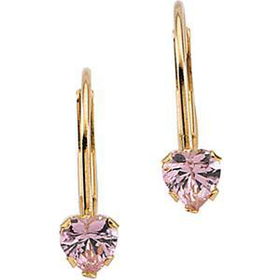 14K Yellow Gold Children's Pink Cubic Zirconia Heart Leverback Earringsyellow 