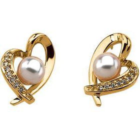 14K Yellow Gold Cultured Akoya & Diamond Heart Earringsyellow 