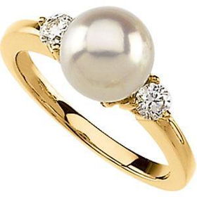 14K Yellow Gold Cultured Pearl & Diamond Ringyellow 