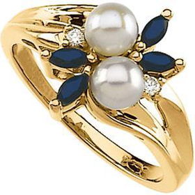 14K Yellow Gold Cultured Pearl, Sapphire & Diamond Ringyellow 