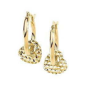 14K Yellow Gold Hoop Earrings With Heart Dangleyellow 