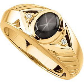 14K Yellow Gold Men's Black Star Sapphire & Diamond Ringyellow 
