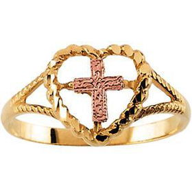 14K Yellow Gold Rose Cross & Heart Ring - Size 7yellow 