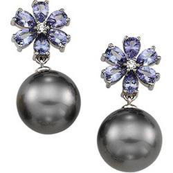 14K White Gold Tahitian Pearl, Genuine Tanzanite & Diamond Earringswhite 