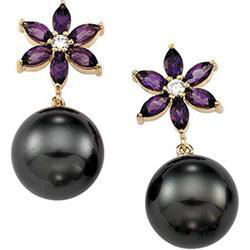 14K Yellow Gold Tahitian Pearl, Genuine Amethyst & Diamond Earringsyellow 