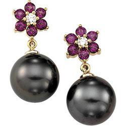 14K Yellow Gold Tahitian Pearl, Genuine Rhodolite Garnet & Diamond Earringsyellow 