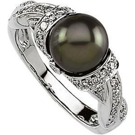 14K White Gold Freshwater Cultured Black Pearl & Diamond Ringwhite 