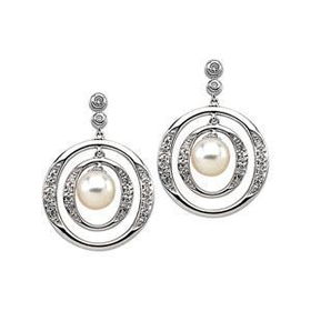 14K White Gold Freshwater Cultured Pearl & Diamond Earringswhite 