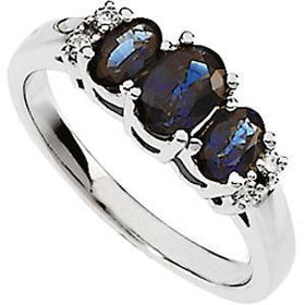 14K White Gold Three 3 Stone Blue Sapphire & Diamond Ringwhite 