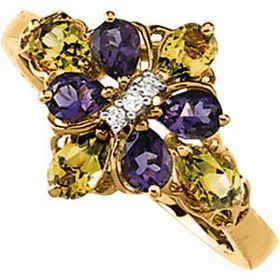 14K Yellow Gold Amethyst, Peridot & Diamond Ringyellow 