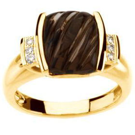 14K Yellow Gold Carved Smoky Quartz & Diamond Ringyellow 