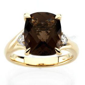 14K Yellow Gold Checkerboard Smoky Quartz & Diamond Ringyellow 
