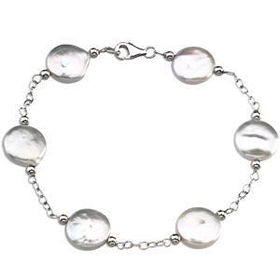 Sterling Silver Freshwater Cultured White Coin Pearl Station Braceletsterling 