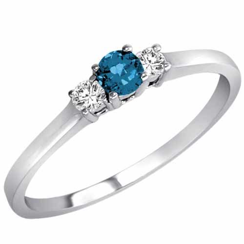 14K White Gold Round 3 Stone Blue Diamond and White Diamond Engagement Ringwhite 