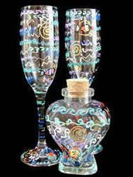 Under The Sea Design - Hand Painted - Large Heart Bottle with cork top & 2 matching Flutessea 