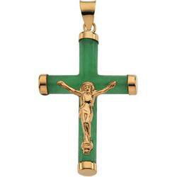 14K Yellow Gold Green Jade Round Crucifixyellow 