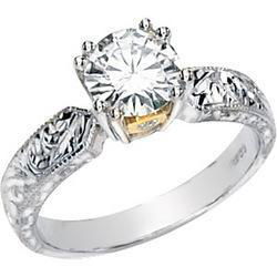 14K Two Tone Gold Created Moissanite & Diamond Hand Engraved Engagement Ringtwo 