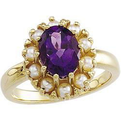 14K Yellow Gold Genuine Amethyst & Pearl Ringyellow 