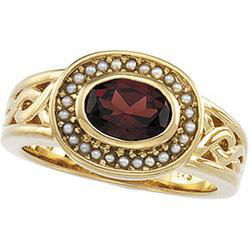 14K Yellow Gold Genuine Mozambique Garnet & Pearl Ringyellow 