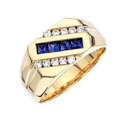 14K Yellow Gold Men's Square Blue Sapphire & Diamond Wedding Band Ringyellow 