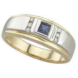 14K Two Tone Gold Square Sapphire & Round Diamond Men's Wedding Band Ringtwo 