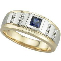 14K Yellow Gold Square Shape Sapphire & Diamond Men's Ringyellow 