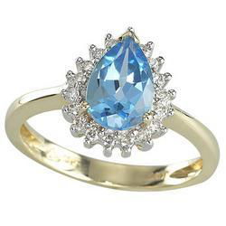 14K Yellow Gold Pear Shape Blue Topaz & Diamond Ringblue 