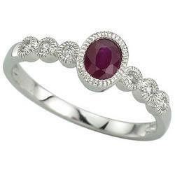 14K White Gold  Bezel Set Ruby & Round Diamond Ringwhite 