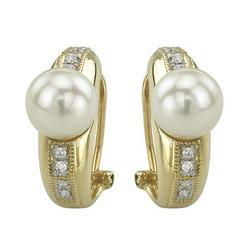 14K Yellow Gold White Culture Pearl & Diamond Earringsyellow 