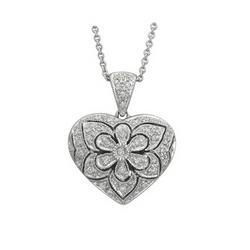 14K White Gold Round Diamond Heart Shape Locket & Chainwhite 
