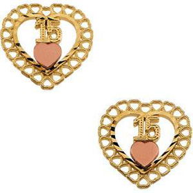 14K Two Tone Gold 15Th Birthday Heart Earrings With Backgold 