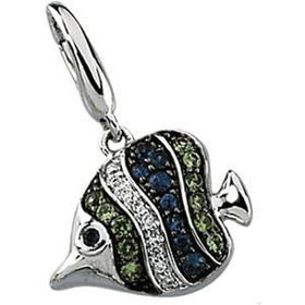 14K White Gold Black Rhodium Plated Blue Sapphire, Tsavorite & Diamond Charmwhite 